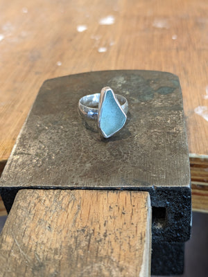 Examples of handmade sea glass ring made in silver jewellery making workshop