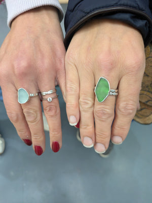 Examples of handmade sea glass rings made in silver jewellery making workshop