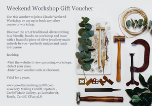 Image of gift voucher received with details of the Classic Weekend workshop for handmade silver jewellery