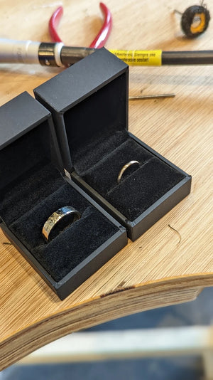 Finished boxed handmade wedding rings in private jewellery making class in Cardiff workshop