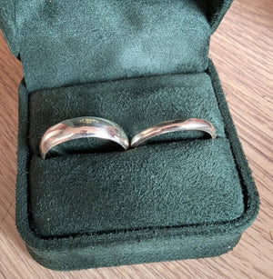 Completed boxed handmade wedding bands in Cardiff provate jewellery workshop